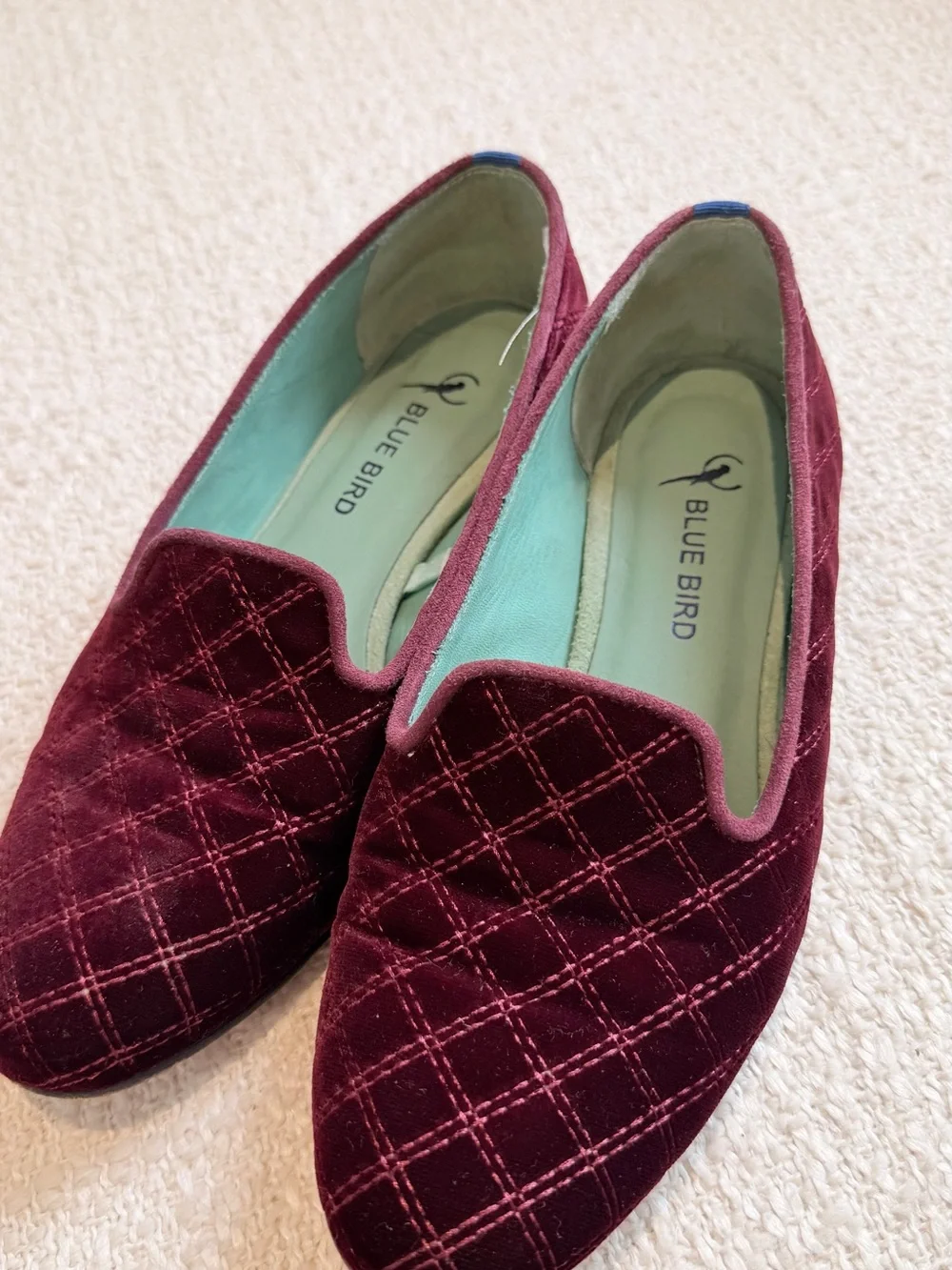 Authentic Blue Bird Burgundy Velvet Quilted Loafers – Size 37